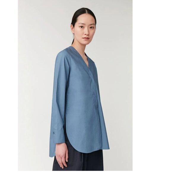 COS | Long Rounded Hem Blouse In Blue - Picture 2 of 12